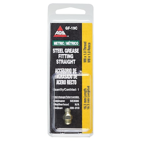 Ags Steel Straight Grease Fitting, 16.3mm Length, Male (8x1.0mm), 1/card GF-19C